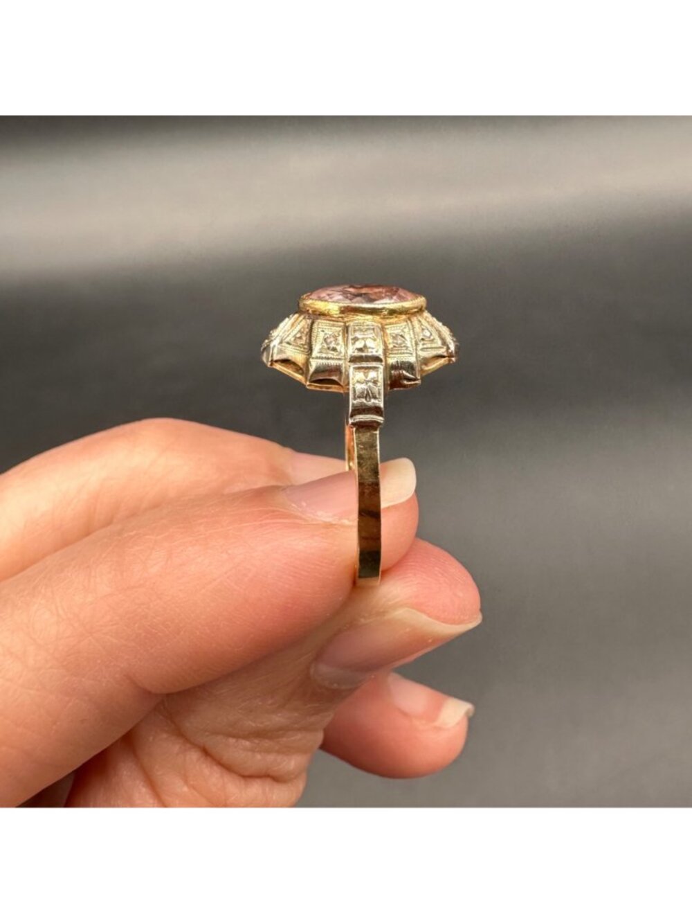 Vintage Art Deco Ring 14K Gold Pink Stone Size 6 Engagement Statement Retro - Picture 6 of 10